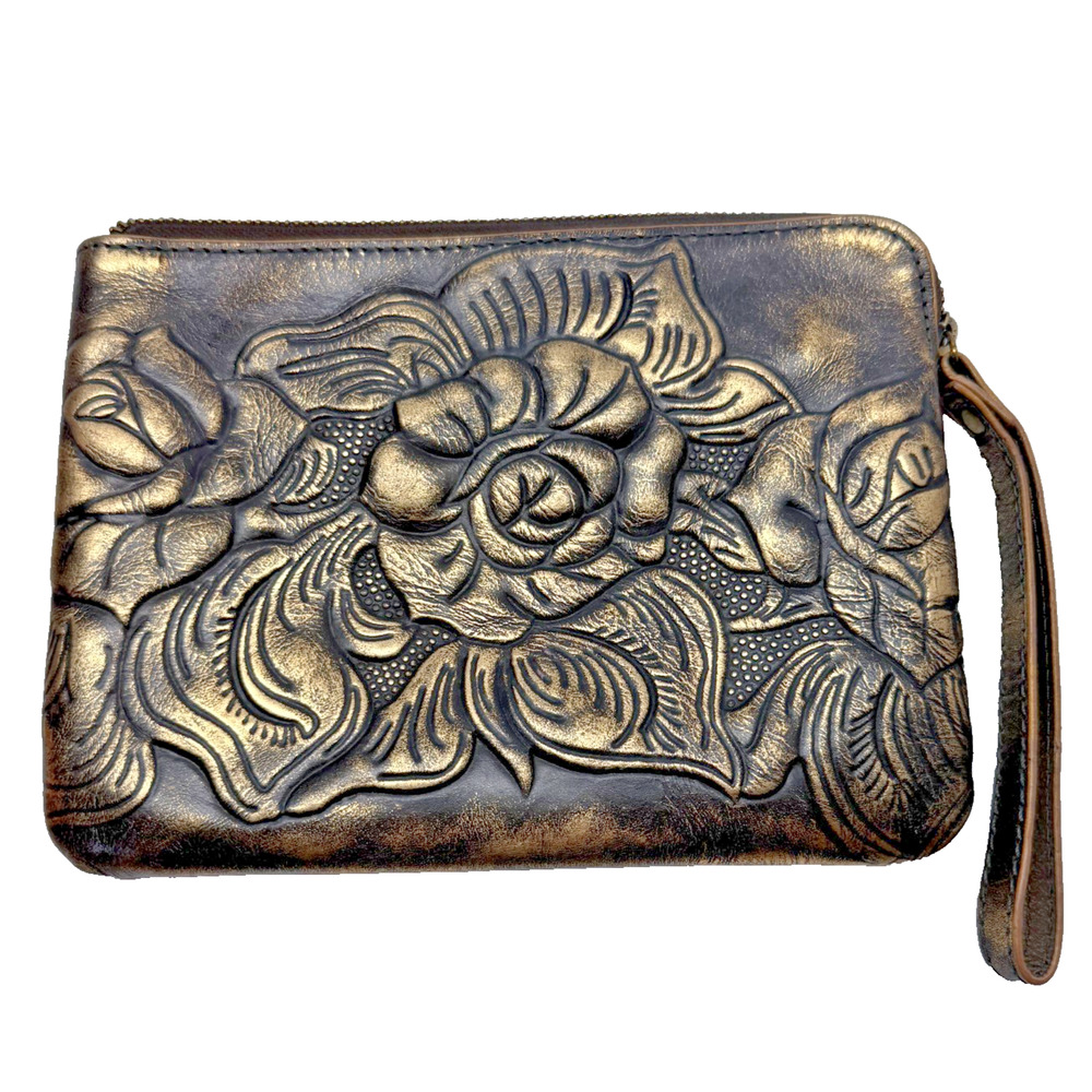 Patricia Nash Cassini Wristlet Metallic Bronze Tooled Leather Floral Rose Clutch